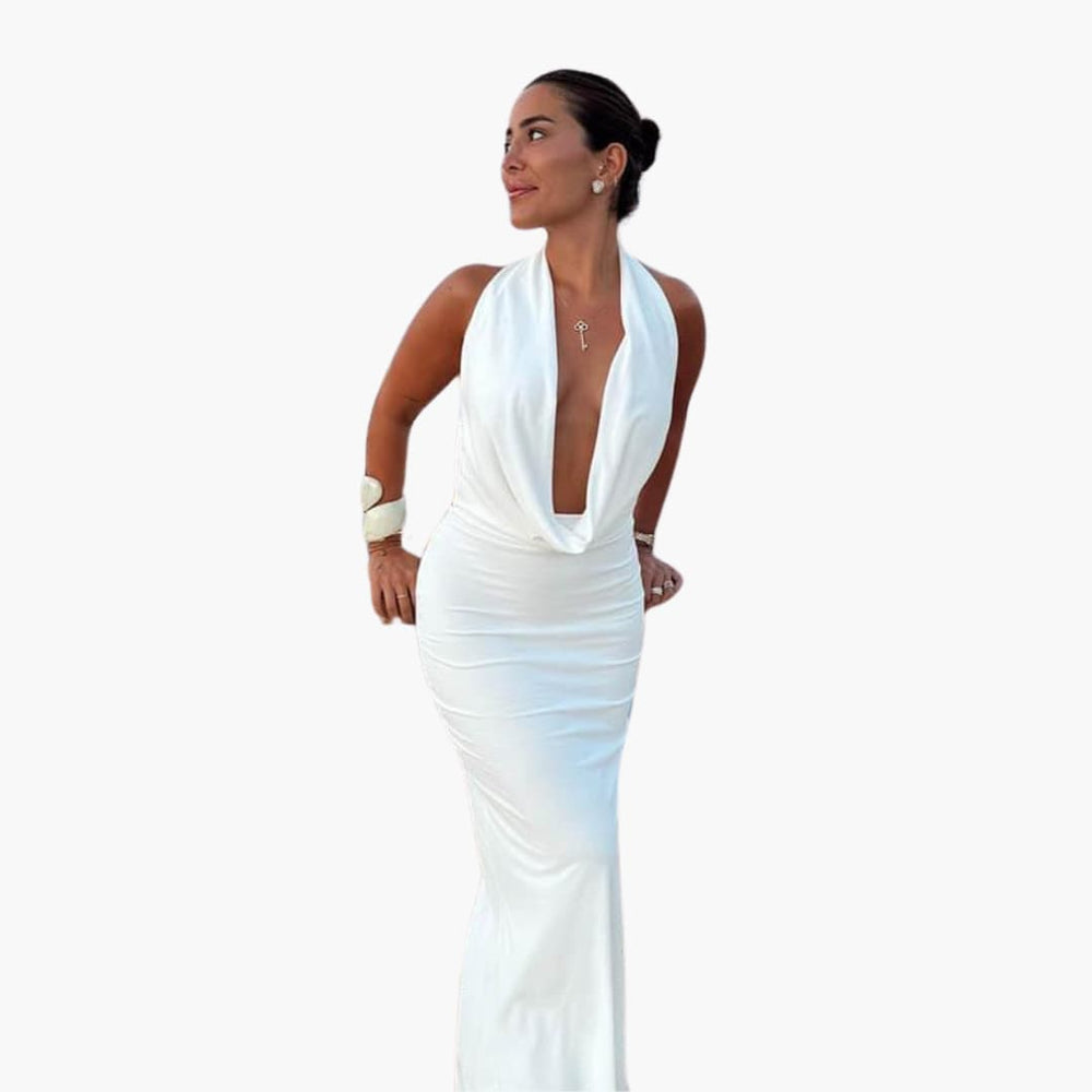 Women’s Halterneck Maxi Dress with Deep V-Neck and Open Back