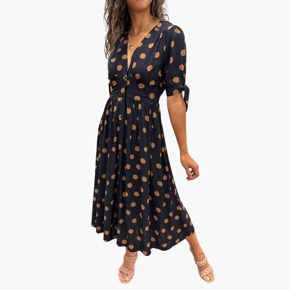 Women's Midi Dress with V-Neck and Belted Waist
