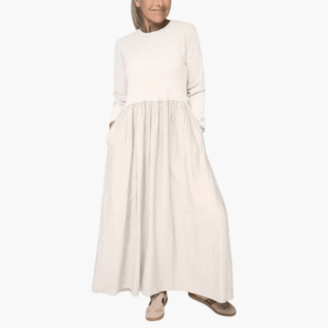Women's Long Sleeve Midi Dress with Elastic Waist and Pockets