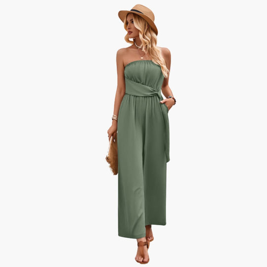 Women’s Strapless Jumpsuit with Waist Tie and Wide Legs