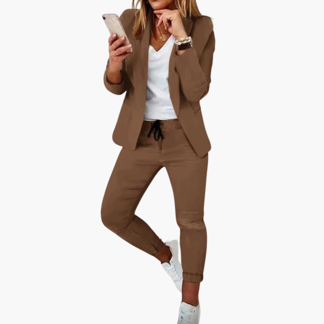 Women's Blazer Set with Open Front and Drawstring Trousers