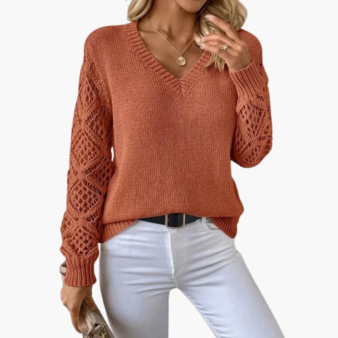 Jade | Stylish V-Neck Sweater With Handmade Details - Made by Jessica