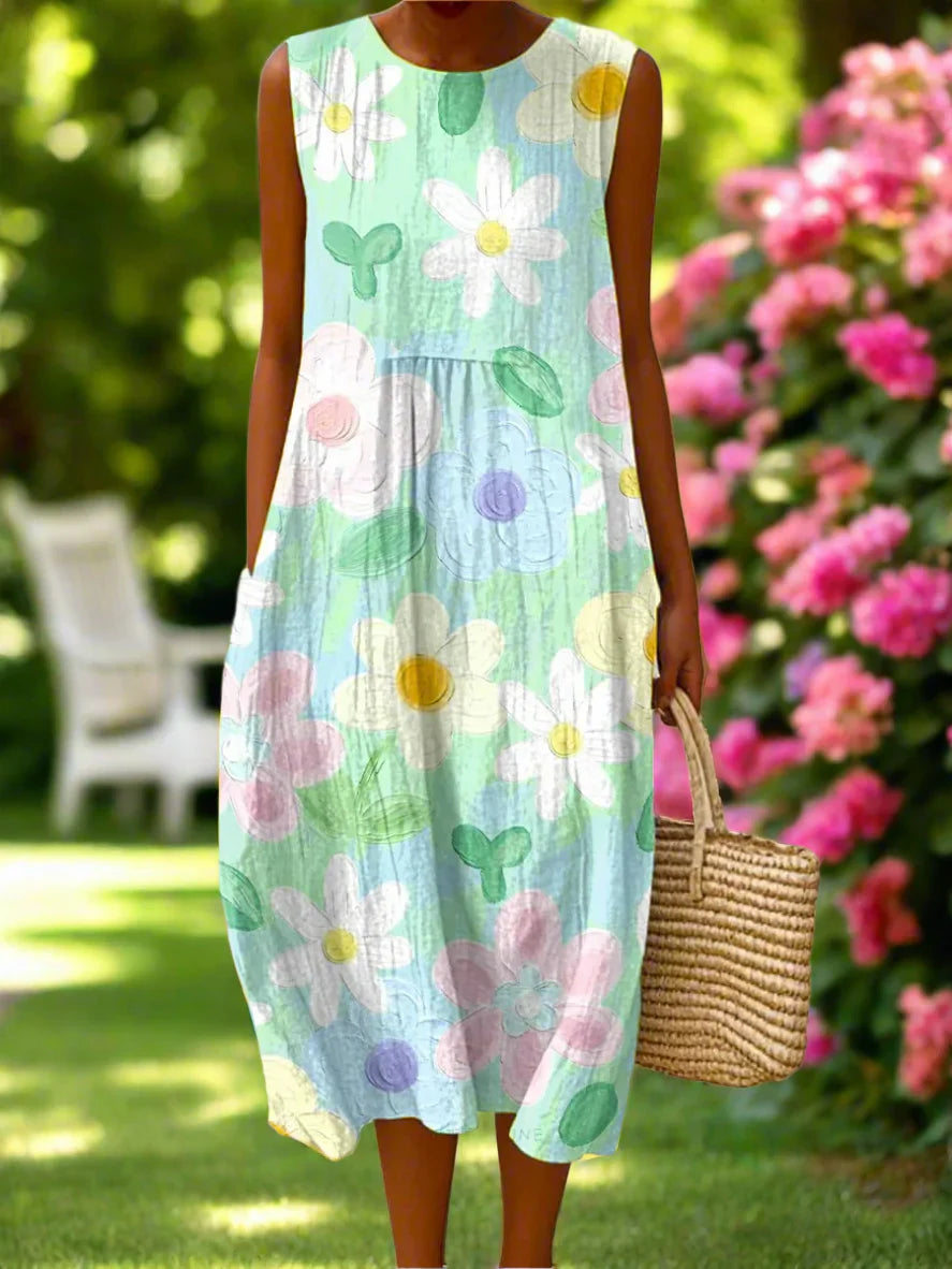 Women's Midi Dress with Artistic Floral Print and Relaxed A-Line Fit