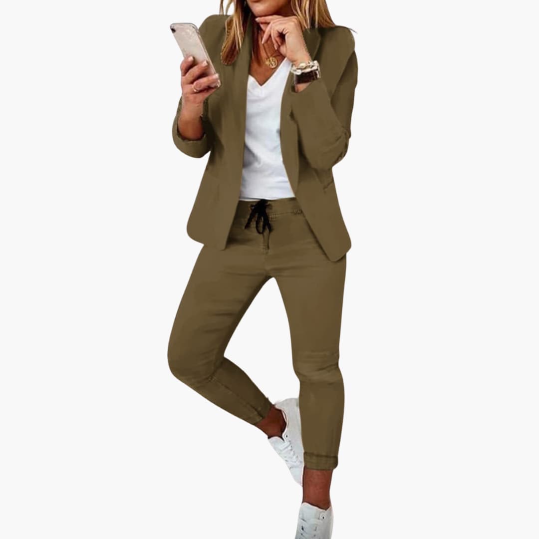 Women's Blazer Set with Open Front and Drawstring Trousers