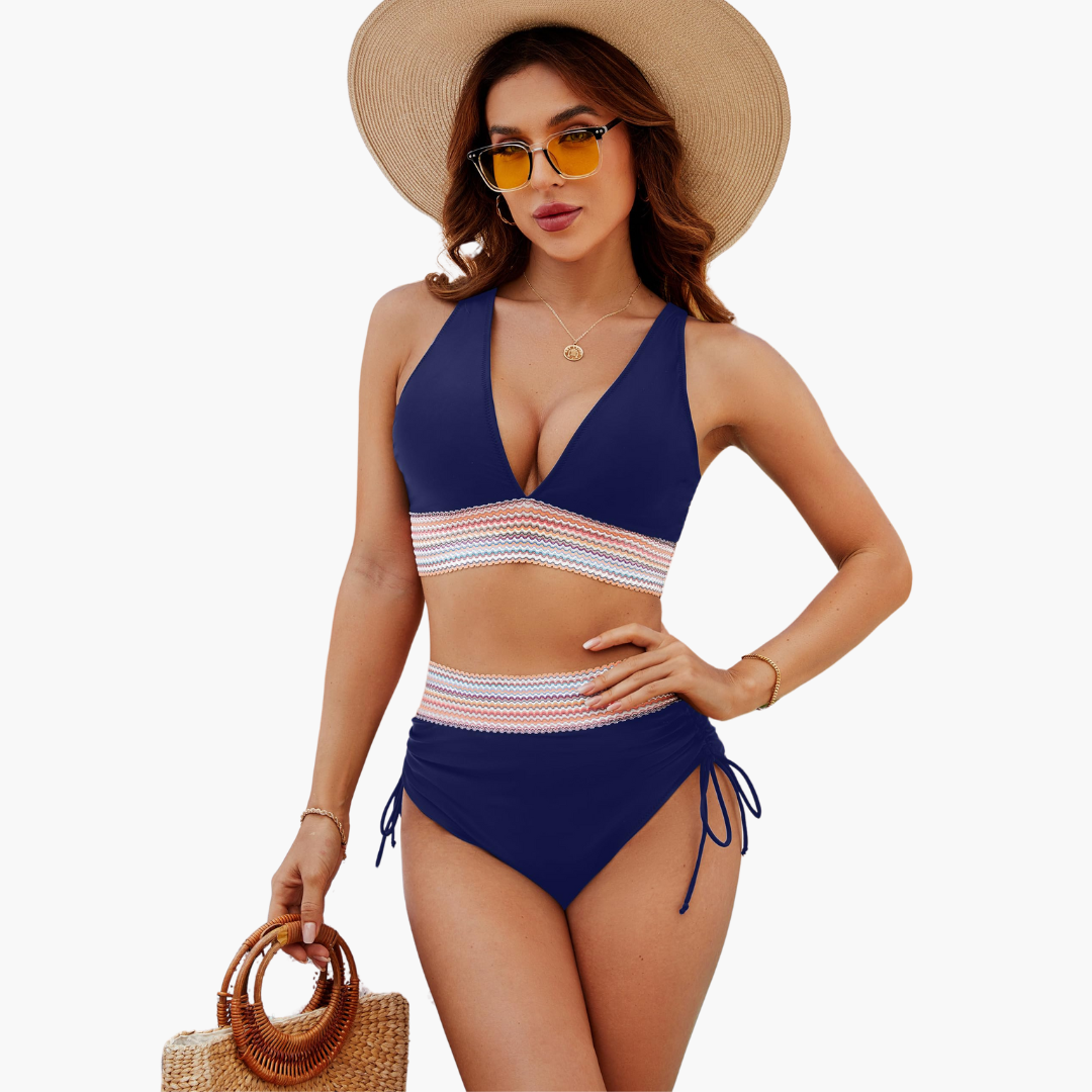 Women’s Bikini Set with V Neck Top and High Waisted Bottoms
