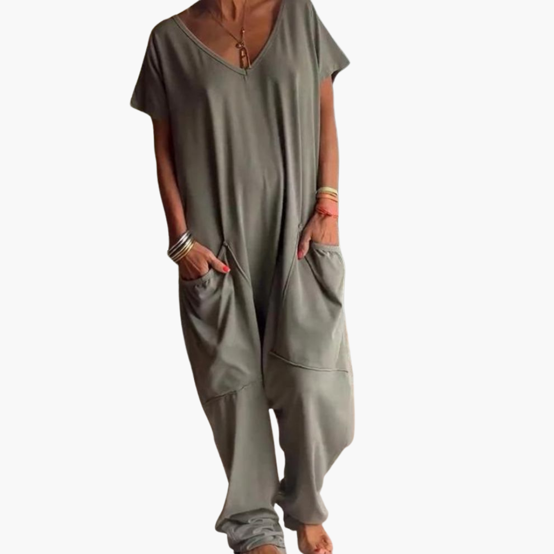 Women’s V-Neck Jumpsuit with Relaxed Drape