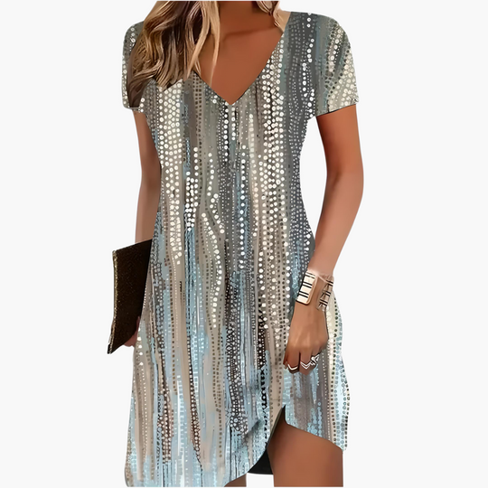 Women’s Short Dress with V Neckline and Asymmetric Hem