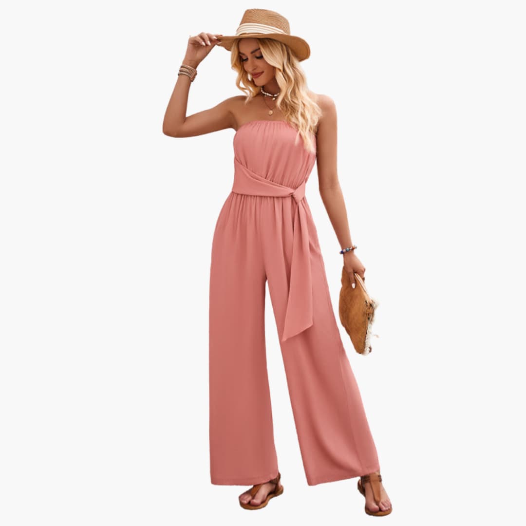 Women’s Strapless Jumpsuit with Waist Tie and Wide Legs