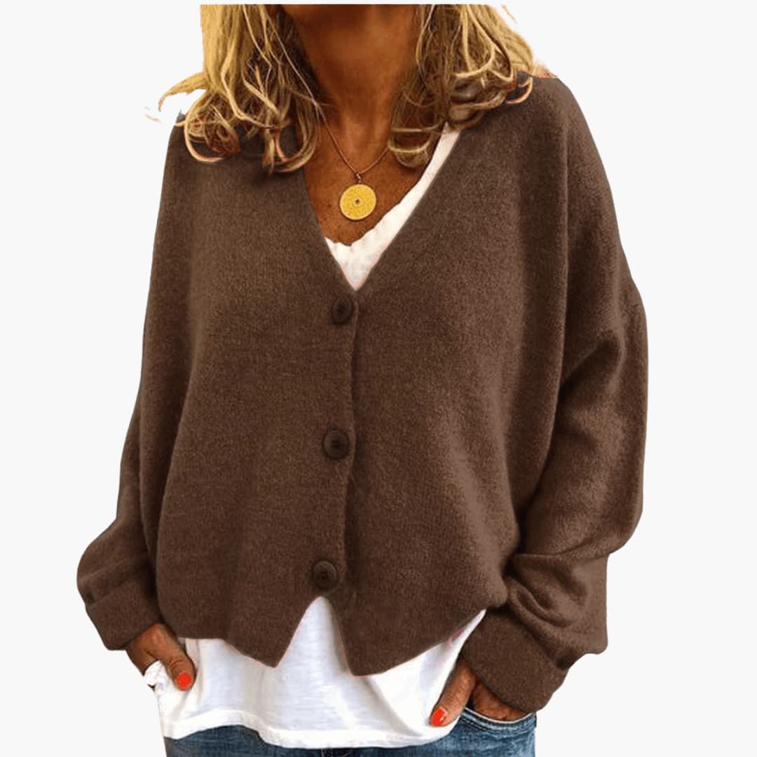 Women's Knitted Button Cardigan with V-Neckline and Long Sleeves