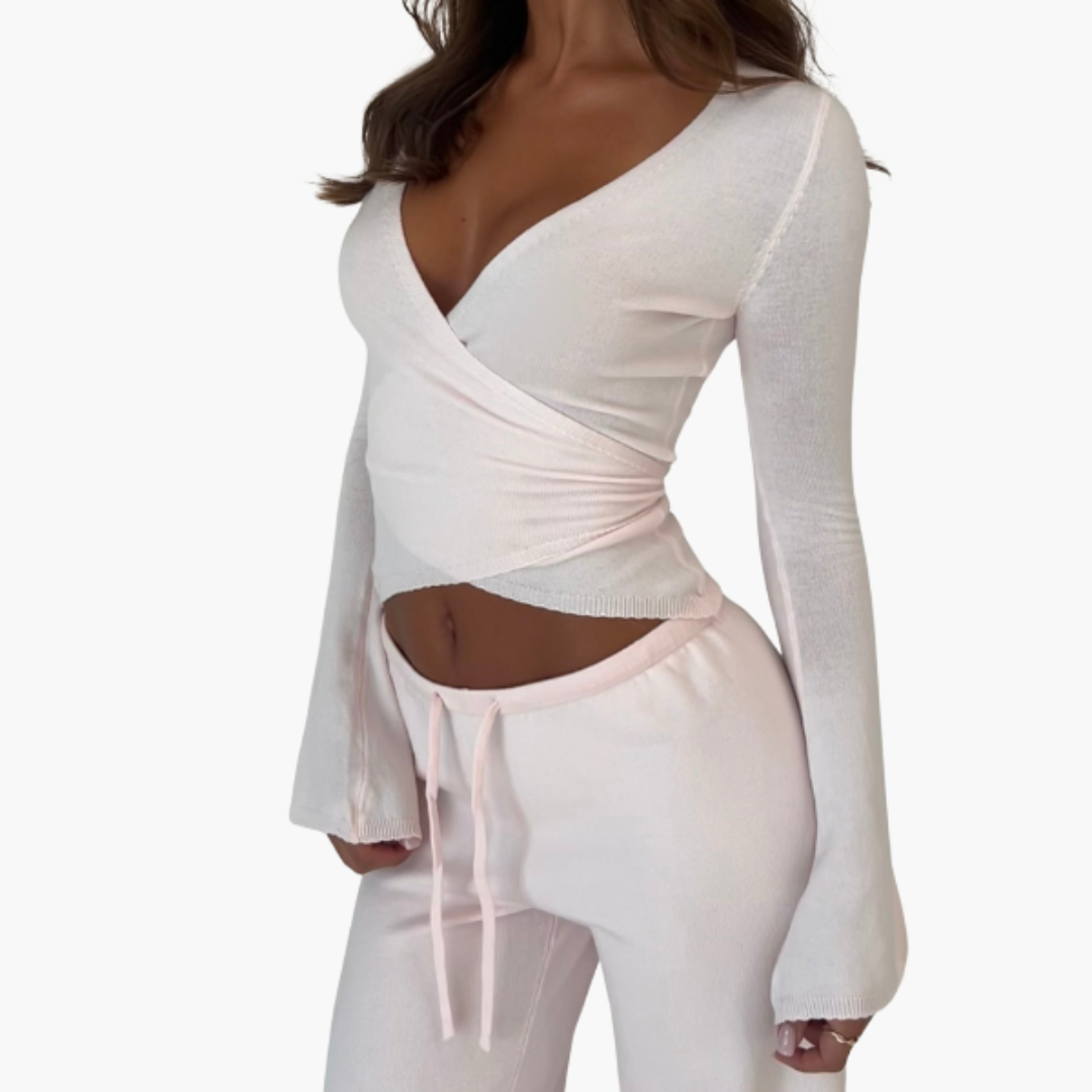 Women’s two-piece set with wrap top and trousers
