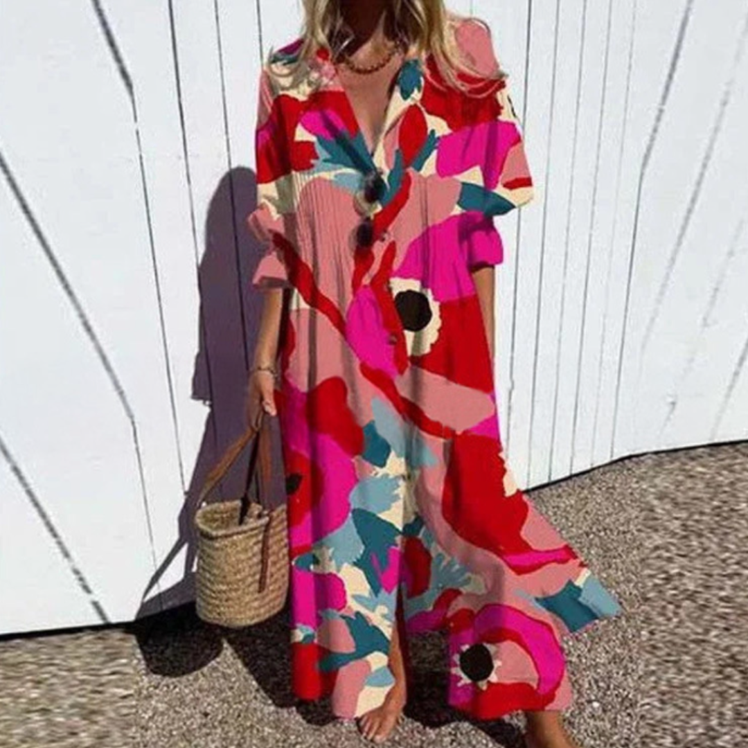 Women's Maxi Dress with Floral Design and Pockets