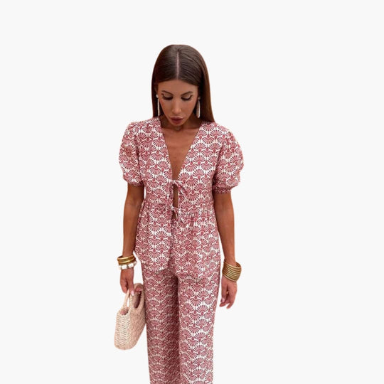 Women Co-Ord Set with Short Sleeves and Palm Pattern