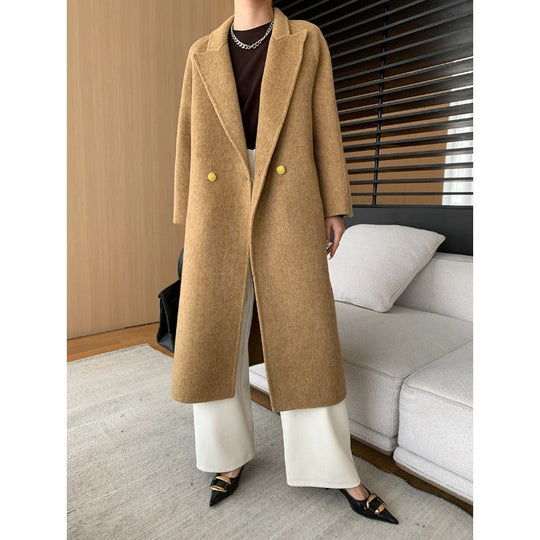 Women's Textured Double-Breasted Long Coat with Lapel Collar