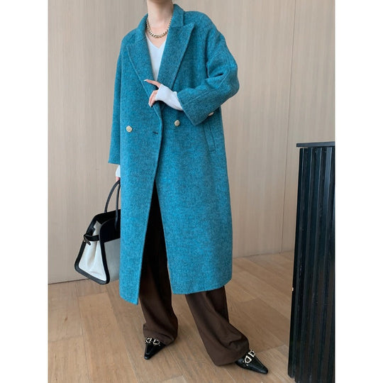 Women's Textured Double-Breasted Long Coat with Lapel Collar