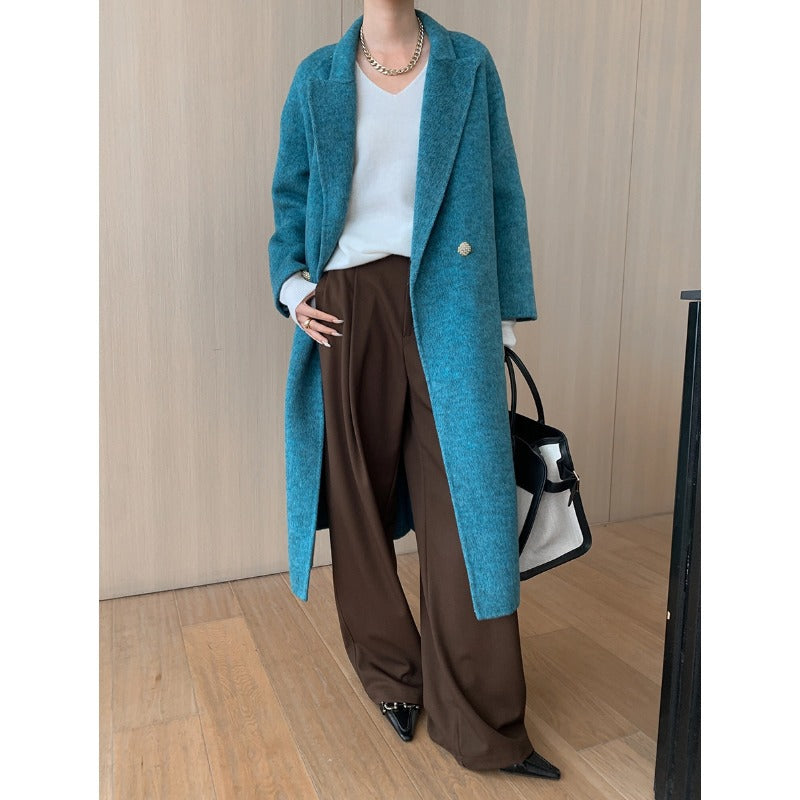 Women's Textured Double-Breasted Long Coat with Lapel Collar