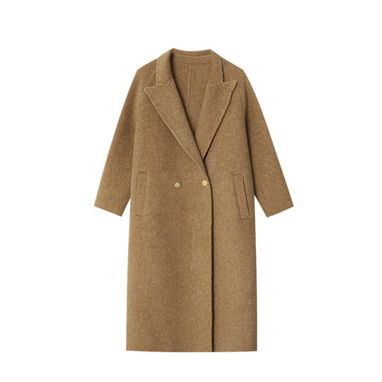 Women's Textured Double-Breasted Long Coat with Lapel Collar