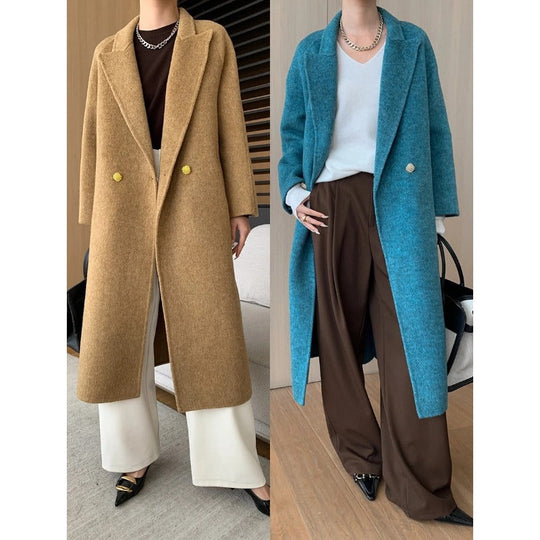 Women's Textured Double-Breasted Long Coat with Lapel Collar