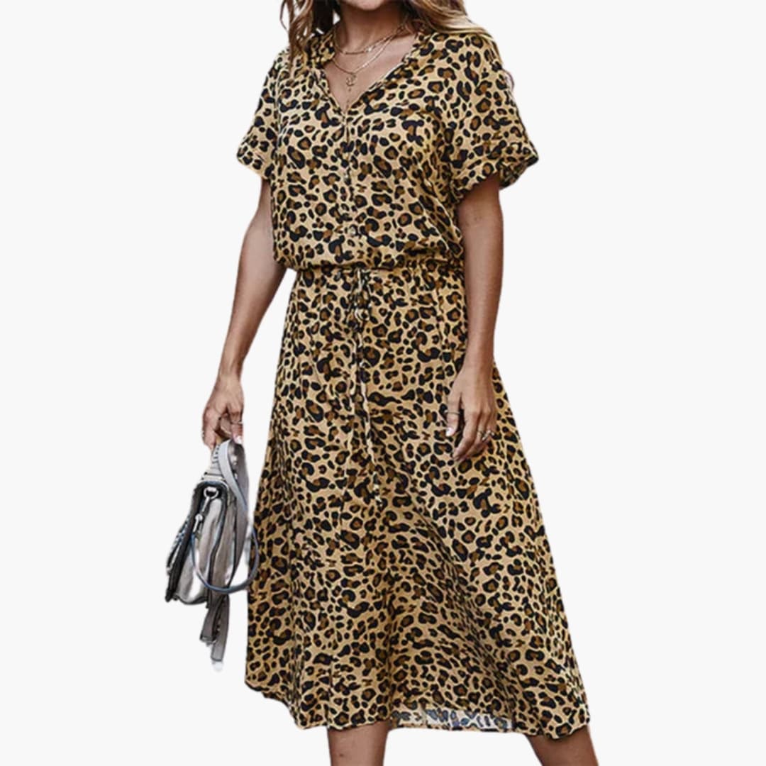 Women's Midi Dress with Button Front and Drawstring Waist