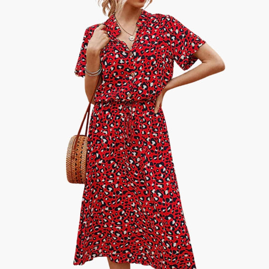 Women's Midi Dress with Button Front and Drawstring Waist