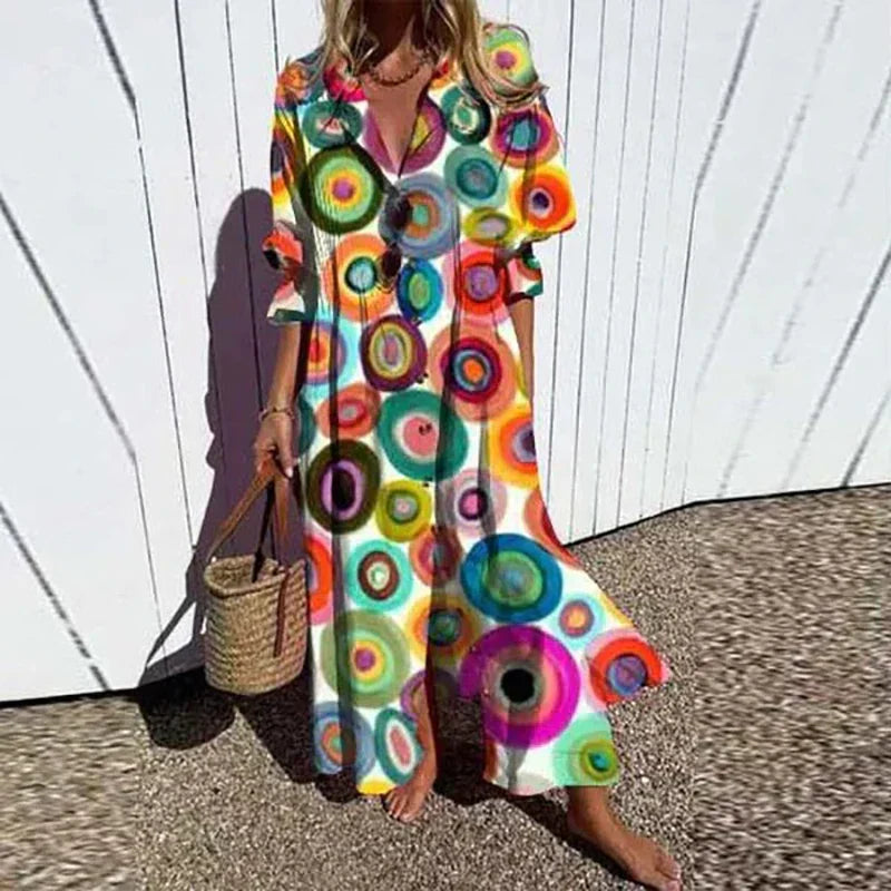 Women's Maxi Dress with Floral Design and Pockets