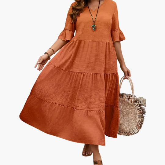 Women's Dress with Flowy Tiered Design and Ruffle Sleeves