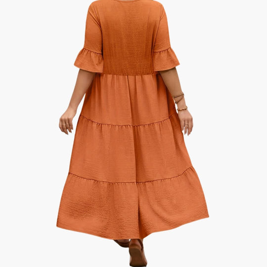 Women's Dress with Flowy Tiered Design and Ruffle Sleeves