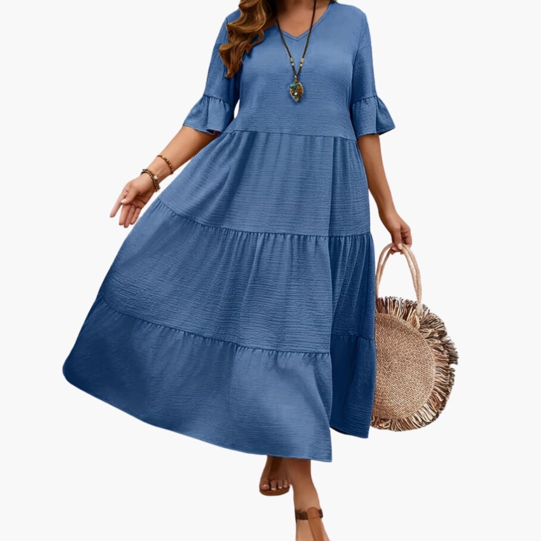 Women's Dress with Flowy Tiered Design and Ruffle Sleeves
