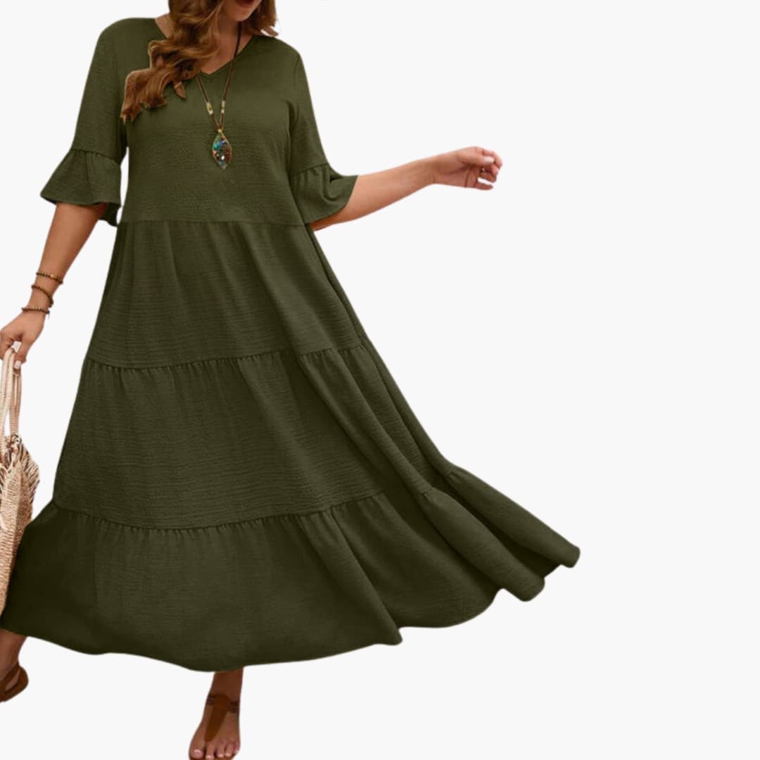 Women's Dress with Flowy Tiered Design and Ruffle Sleeves