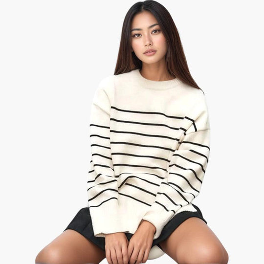 Women's Striped Jumper with Crew Neck and Long Sleeves