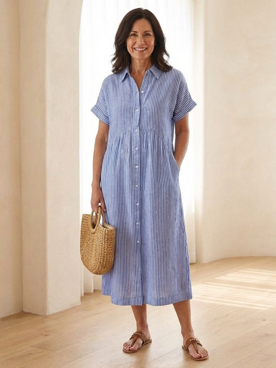 Linnea | Striped Button Front Short Sleeve Midi Dress