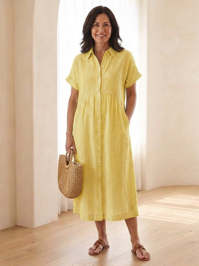 Linnea | Striped Button Front Short Sleeve Midi Dress