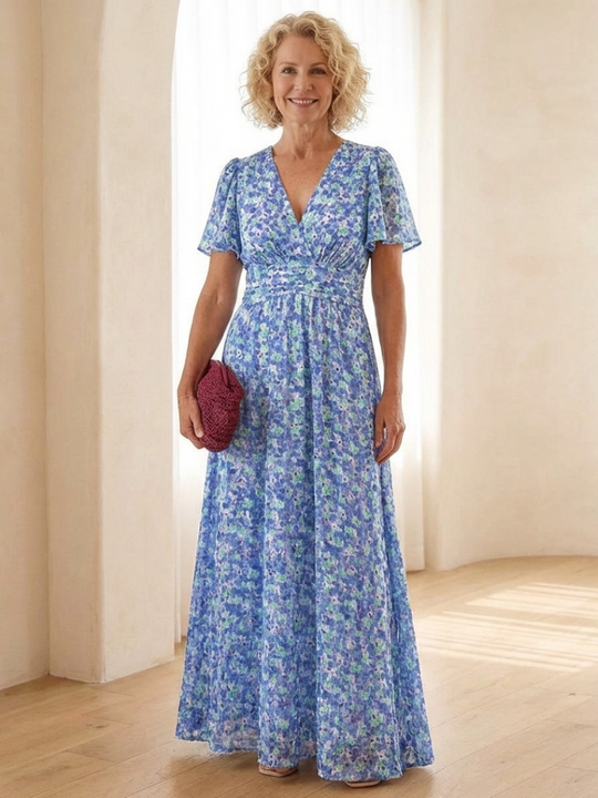 Maris | Floral V Neck Short Sleeve Maxi Dress
