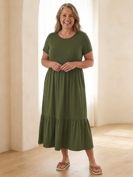 Nerissa | Round Neck Short Sleeve Tiered Midi Dress