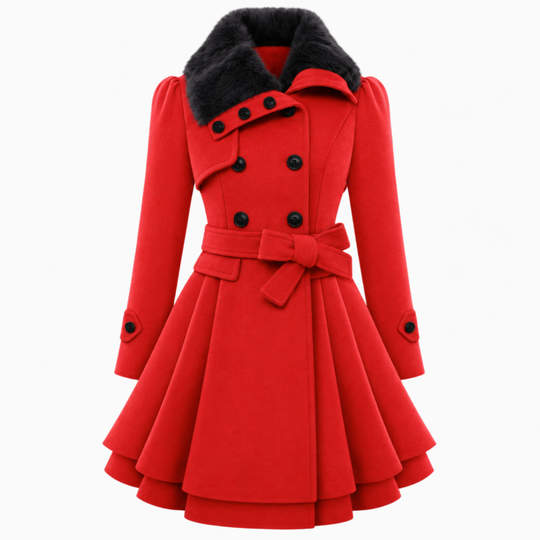 Women's Double-Breasted Coat with Belt and Pleated Skirt