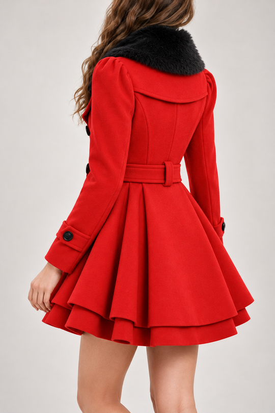 Women's Double-Breasted Coat with Belt and Pleated Skirt