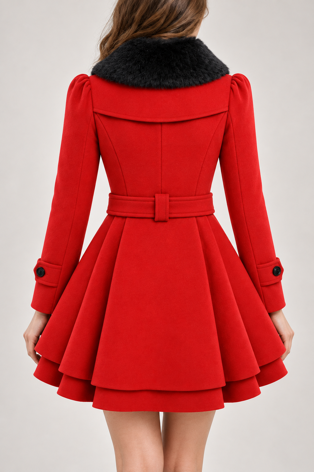 Women's Double-Breasted Coat with Belt and Pleated Skirt
