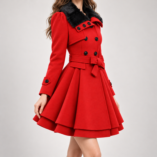 Women's Double-Breasted Coat with Belt and Pleated Skirt