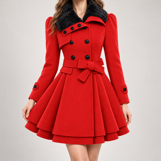 Women's Double-Breasted Coat with Belt and Pleated Skirt