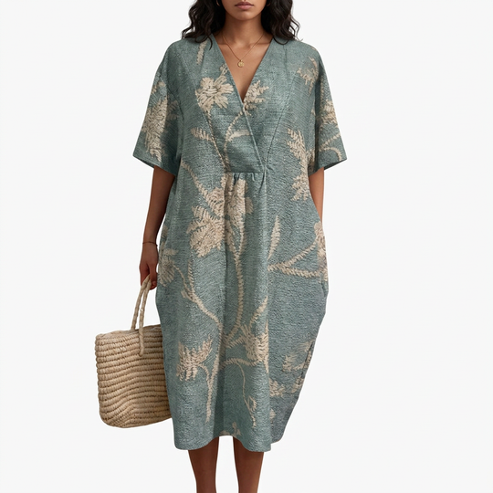 Women's Floral Midi Dress with V-Neck and Short Sleeves