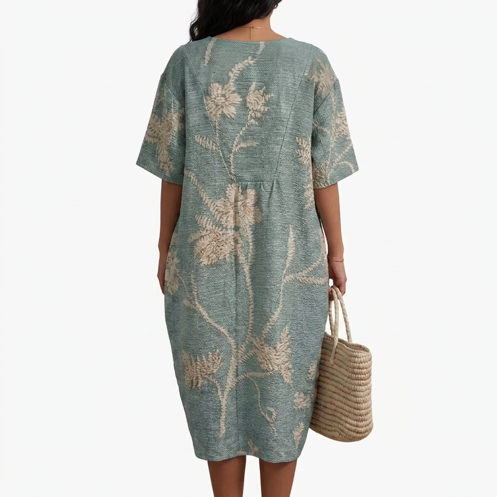 Women's Floral Midi Dress with V-Neck and Short Sleeves