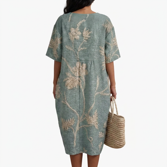 Women's Floral Midi Dress with V-Neck and Short Sleeves