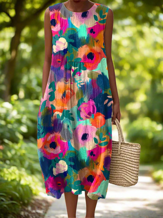 Women's Midi Dress with Artistic Floral Print and Relaxed A-Line Fit