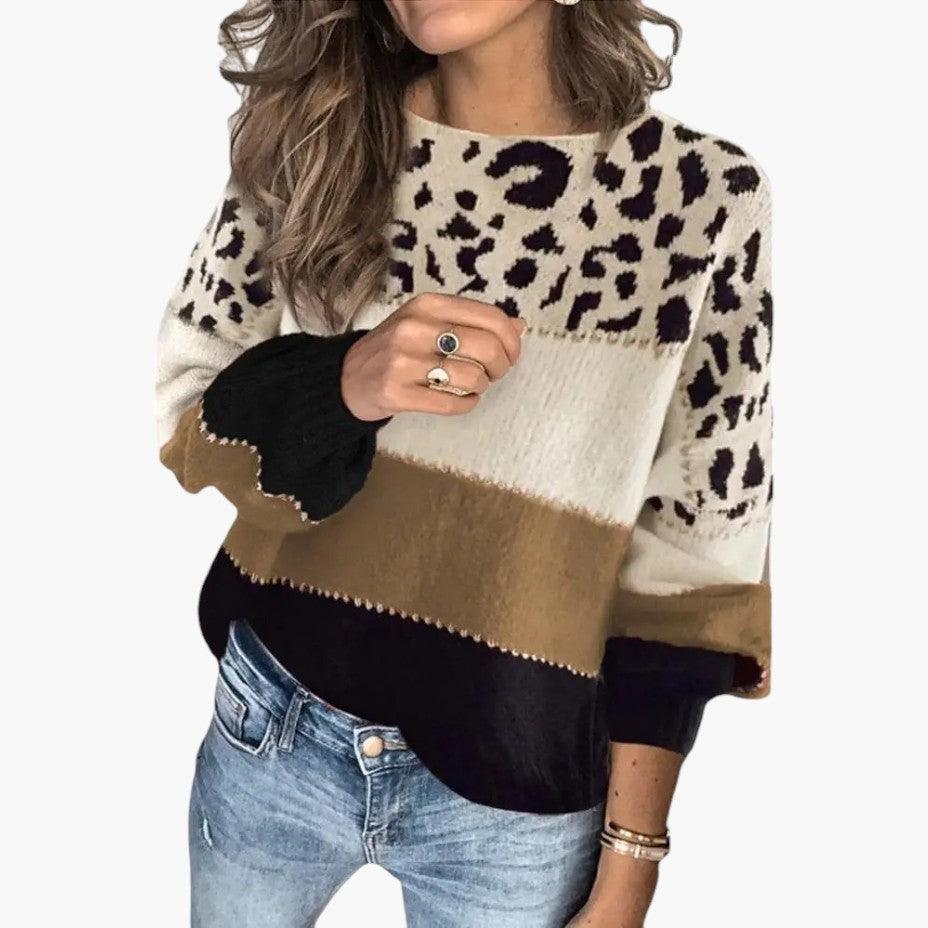 Women's Leopard-Print Jumper with Crew Neck and Long Sleeves