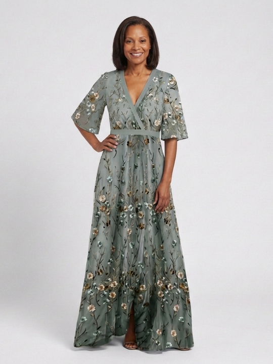 Evadne | Floral V Neck Short Sleeve Maxi Dress