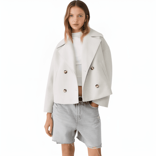 Women’s Cropped Peacoat with Double-Button Front and Notched Lapel